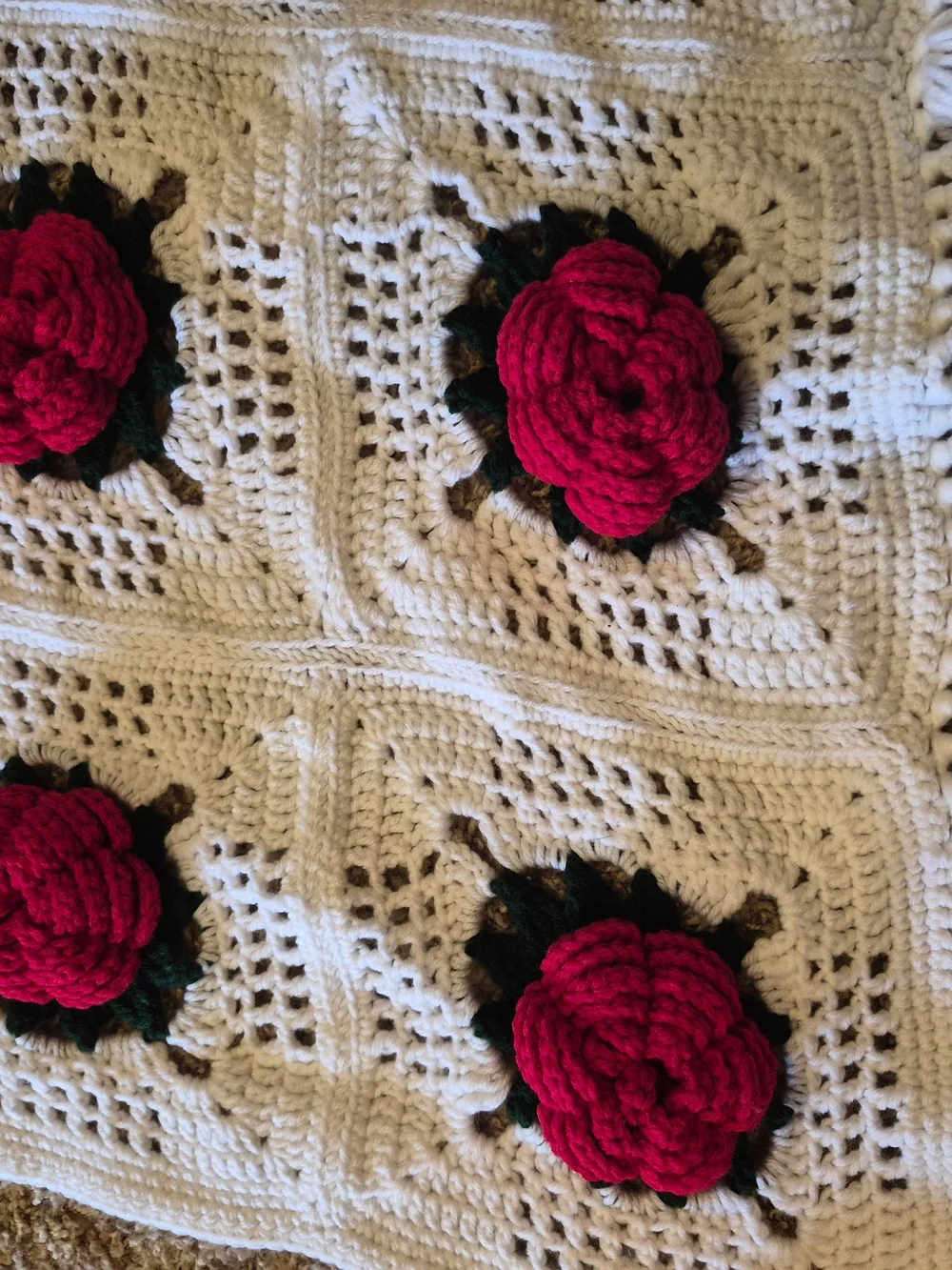 Vintage 70s 3D Red Rose Granny Square Crochet Afghan Blanket - 63